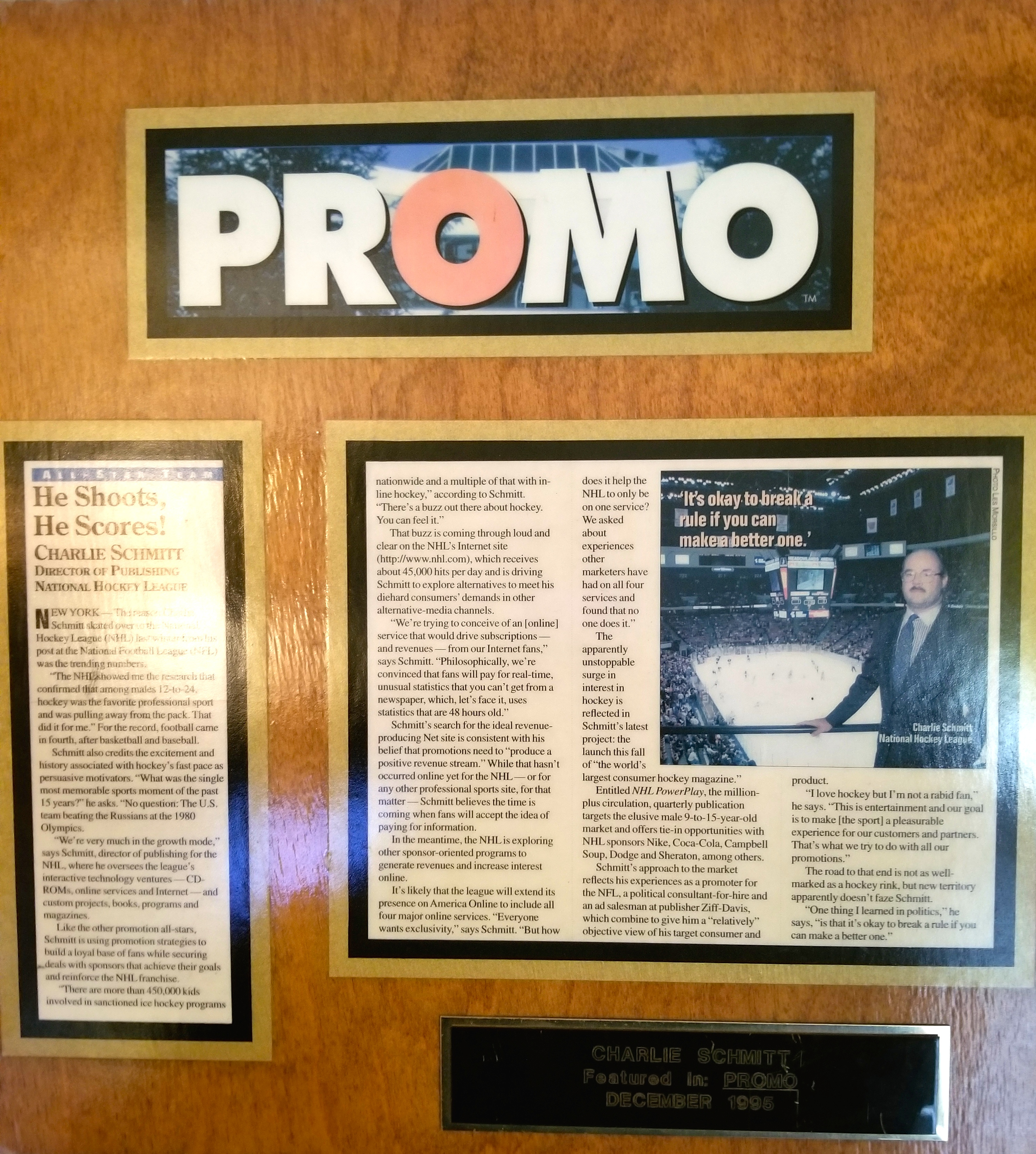 Charlie Schmitt named to Promo Magazine's Annual All-Star Marketing Team (1 of 12) during his tenure at the NHL